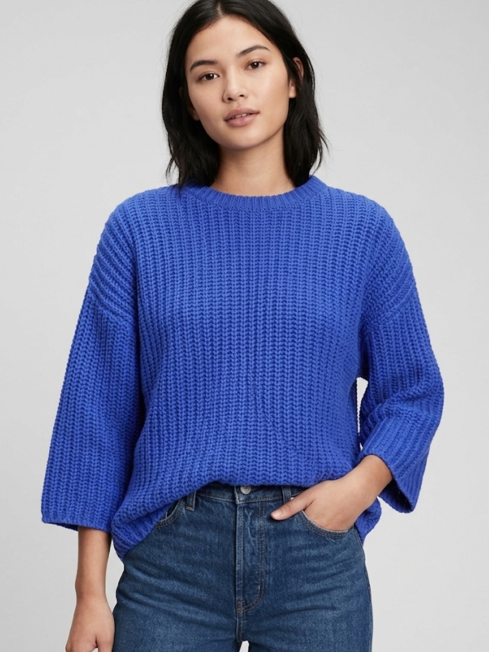 Cupio Boxy Chunky Knit 3/4 Sleeve Crewneck Sweater